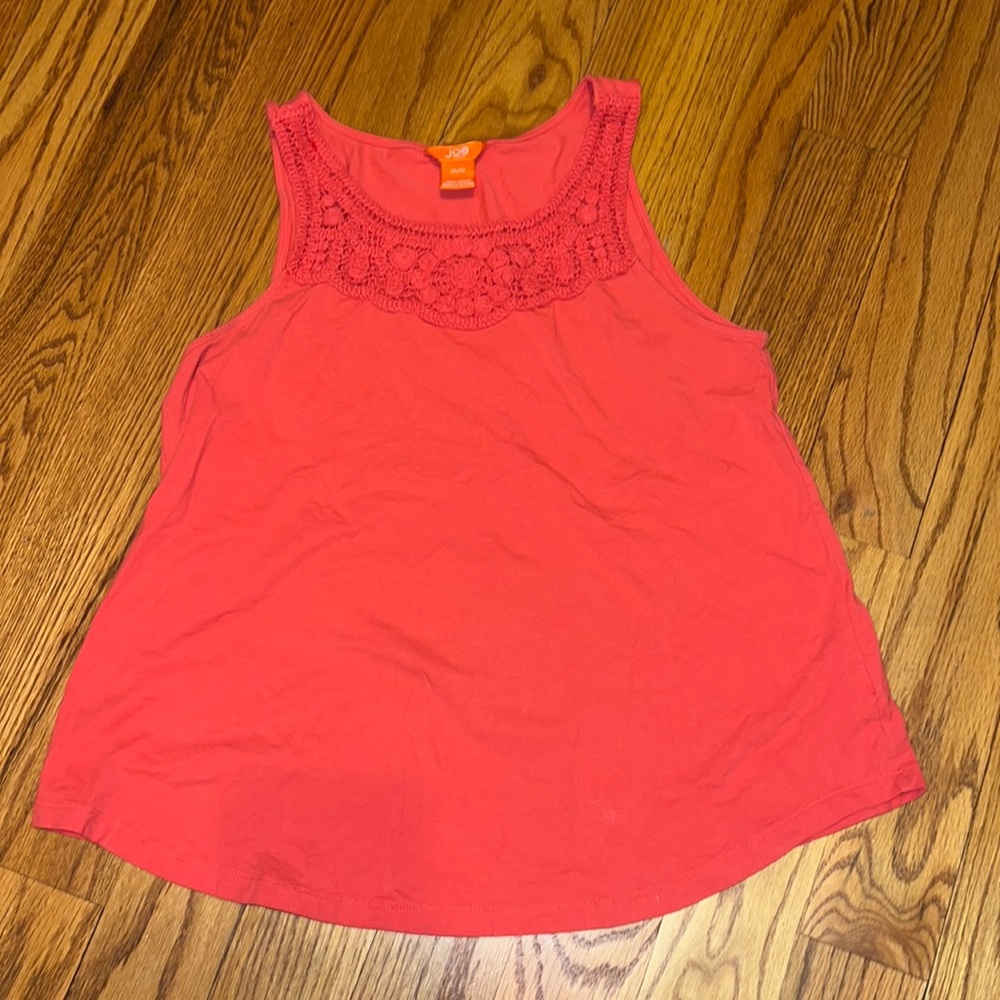 Coral color Joe Fresh tank top with detail by the neck and chest.